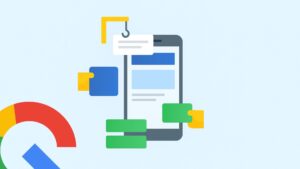 Ilustración de un smartphone con bloques de interfaz representando la construcción de aplicaciones móviles para curso gratuito de desarrollo de apps - Generada con IA