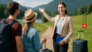 Anfitriona turística dando la bienvenida a viajeros con maletas en un paisaje natural