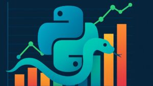 Ilustración de Python representado como serpiente entre gráficos de barras y líneas, simbolizando la visualización de datos en el curso de la UPV