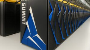 Supercomputadora Summit en un laboratorio, con diseño futurista en negro y azul mostrando su estructura en perspectiva horizontal